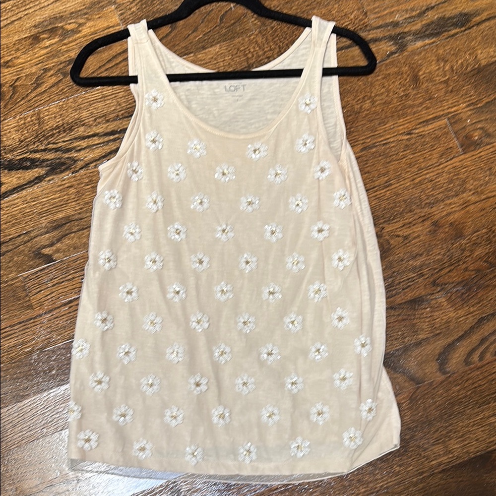 LOFT Beige Floral Embellished Tank Top